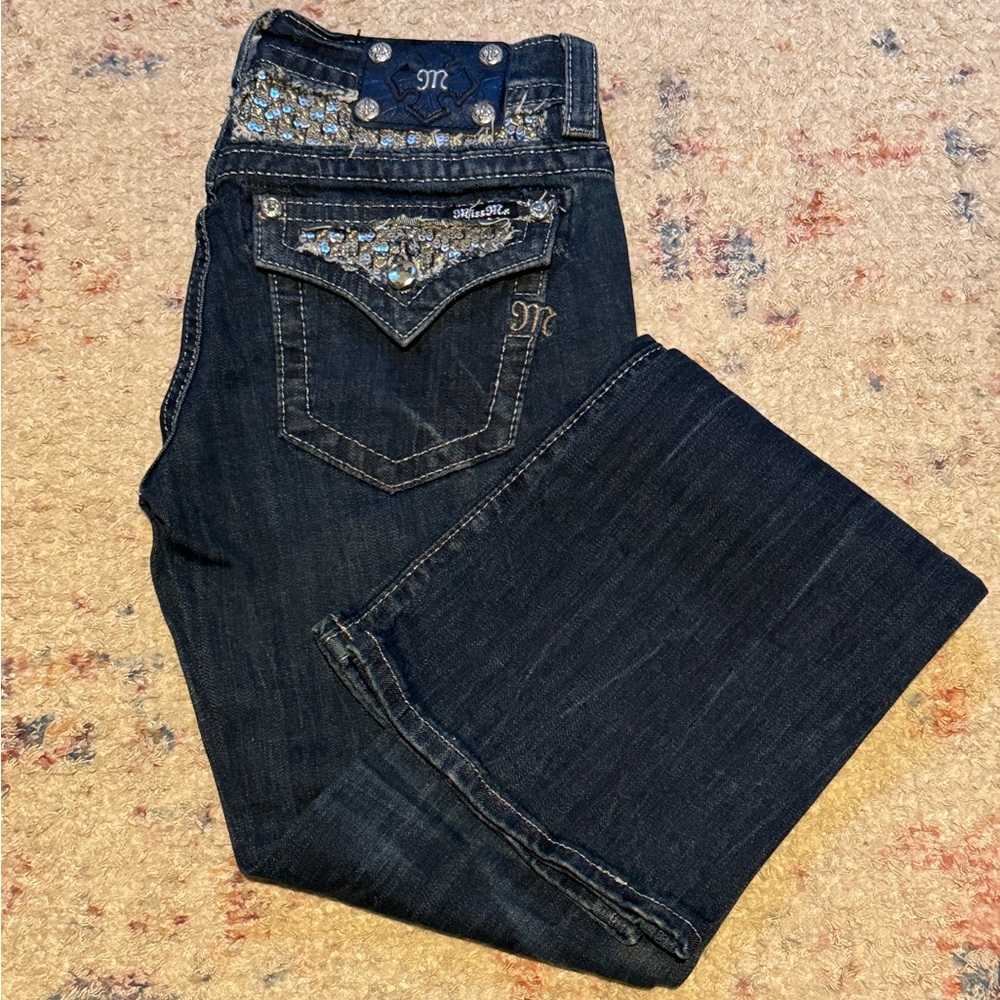 Miss Me Dark Blue Boot Cut Jeans with Embellished Pockets